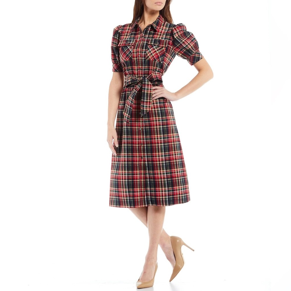 LDT Sz 14‎ Hope Point Collar Plaid Midi Dress with Belt Tie